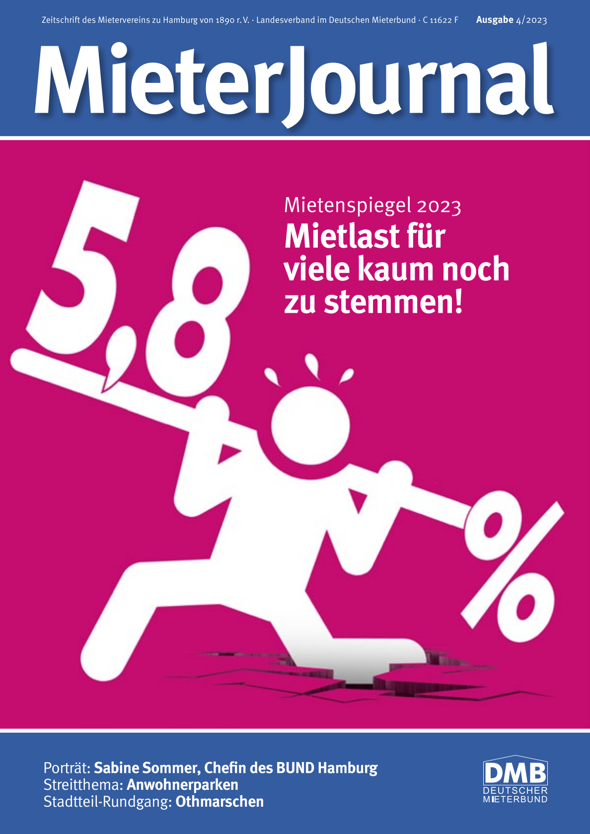 Die Titelseite des MieterJournals 4 2023 zeigt eine Figur, die ein Gewicht stemmt. Hier geht es darum, dass die Mieter:innen der Hansestadt die Erhöhung der Mieten um 5,8 Prozent kaum noch stemmen können.