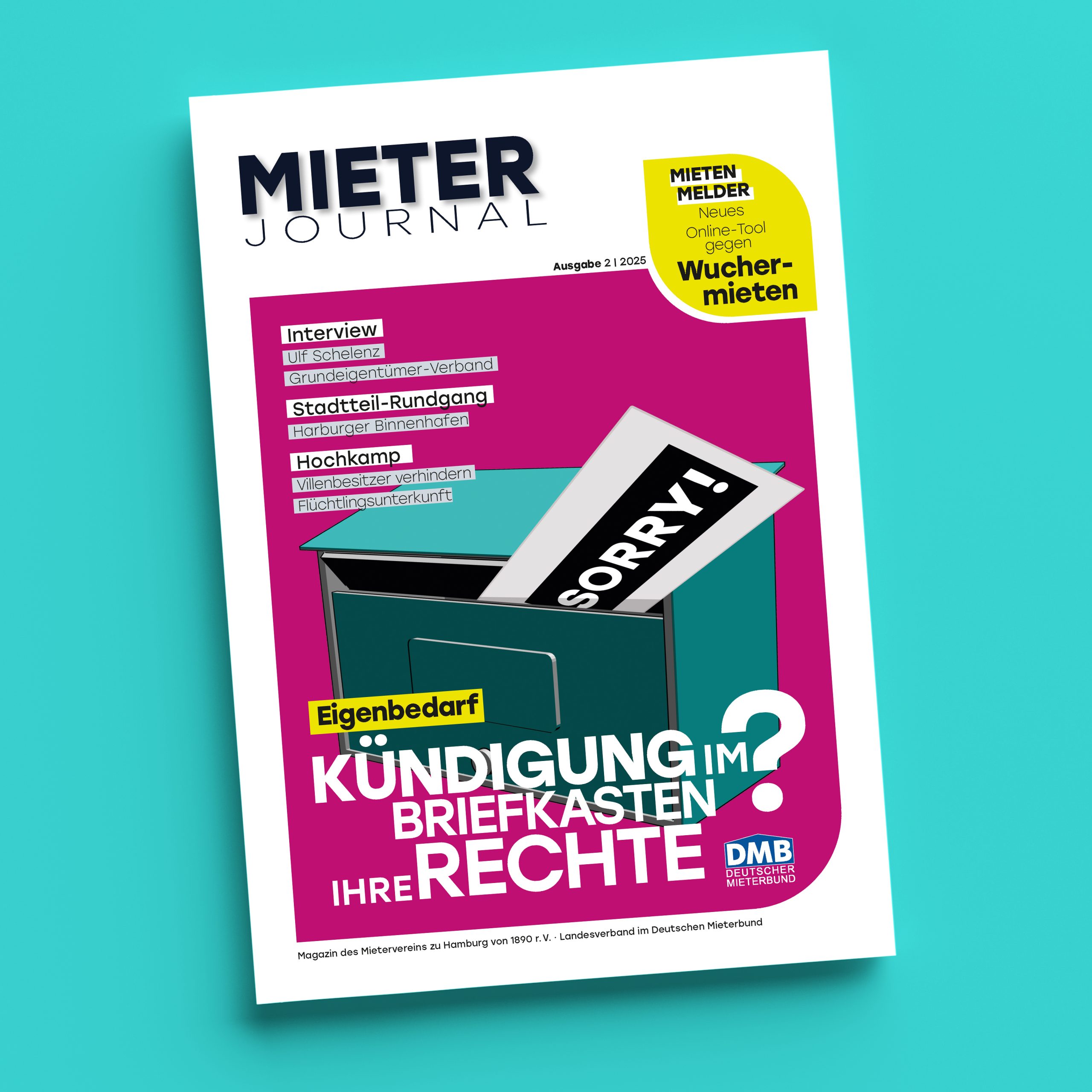 Die Titelseite des MieterJournals 2/2025 zeigt einen Briefkasten und beschäftigt sich mit dem Thema Eigenbedarf.