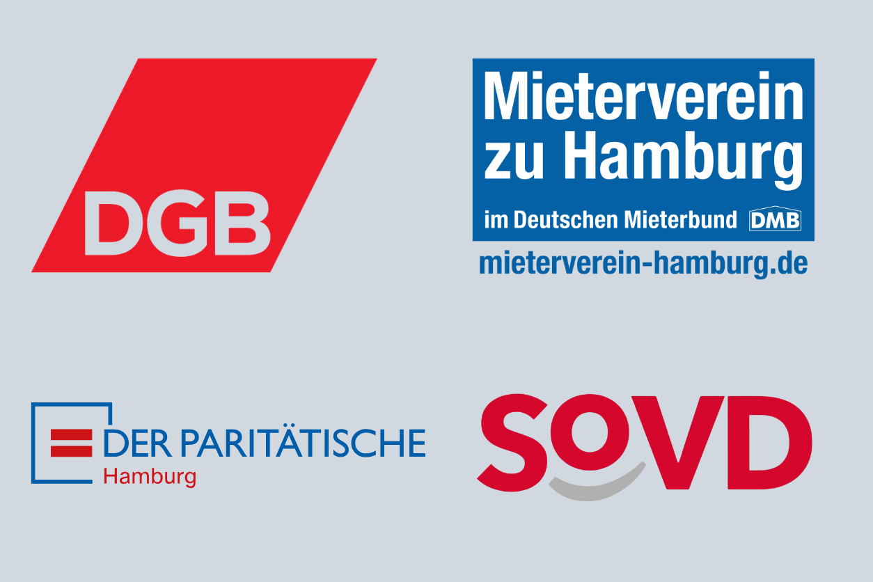 Die Logos der Veranstalter des Armutsgipfels 2025: Mieterverein zu Hamburg, Sozialverbnd hamburg, DGB Hamburg, Der Paritätische Hamburg.