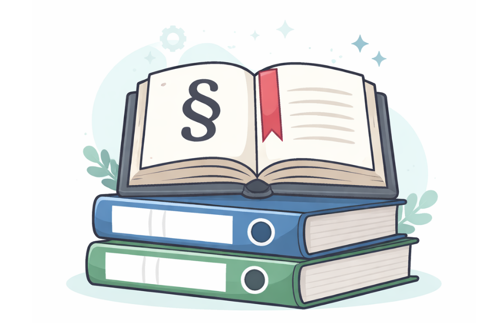 Akten und ein Rechtsbuch mit einem Paragrafen.