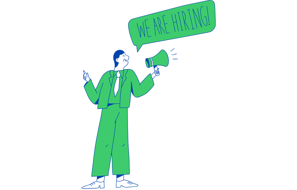 Männchen ruft "WE ARE HIRING!"